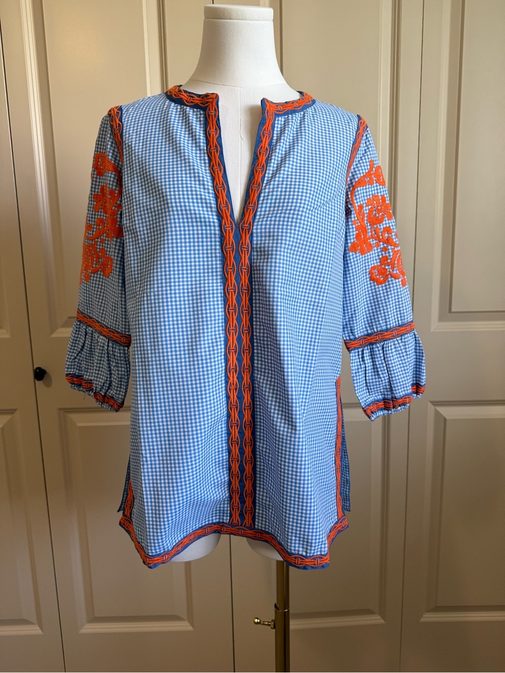 Gretchen Scott Designs Blue Gingham Tunic with Orange Embroidery
